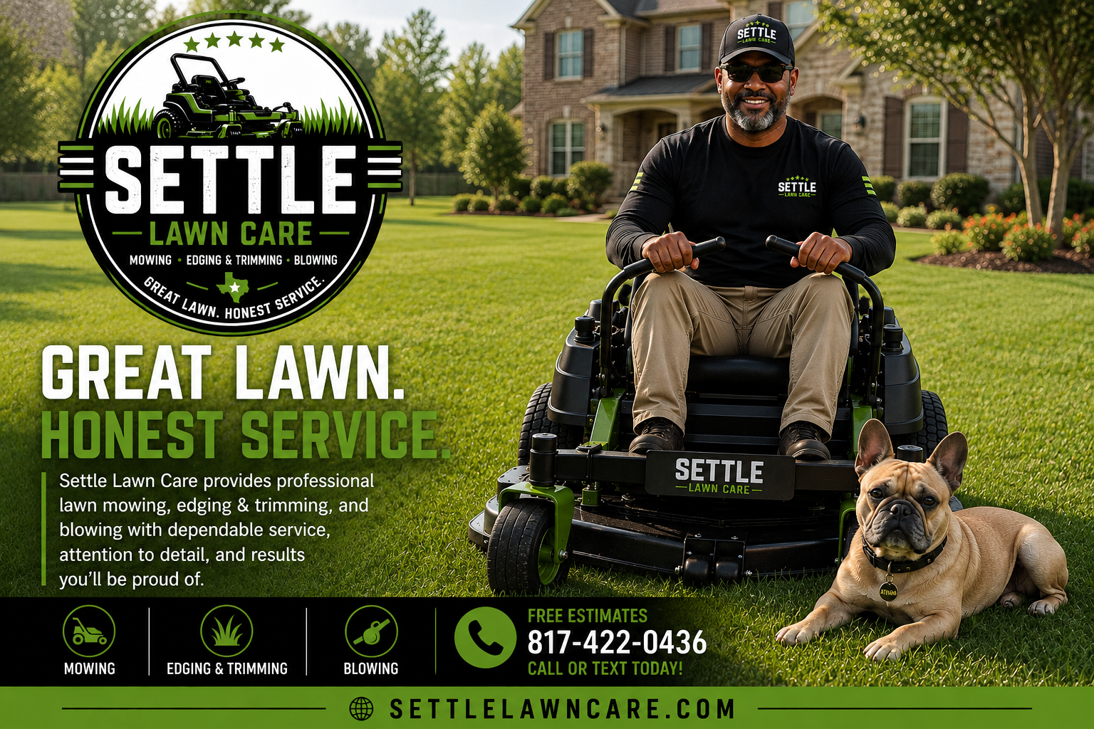 Settle Lawn Care mowing a well-maintained residential lawn in Arlington, Texas